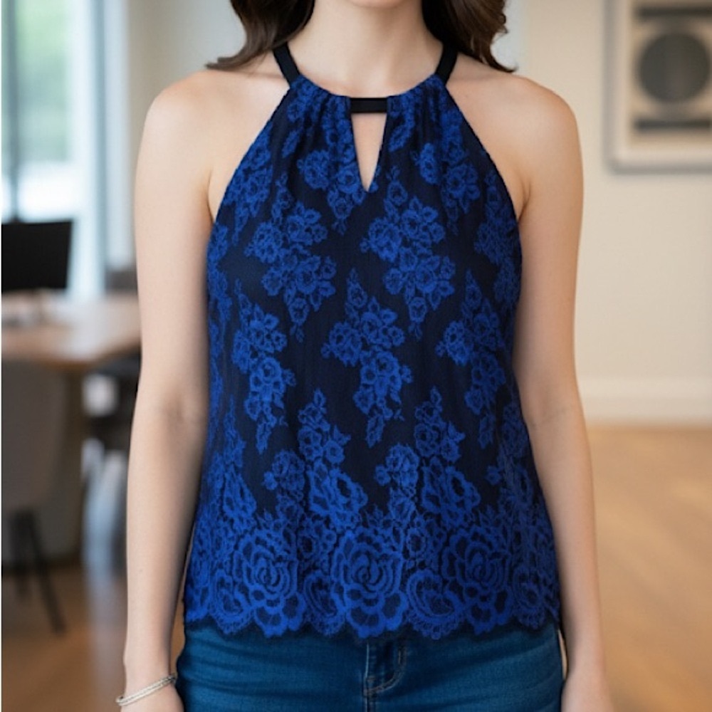 INC Halter Lace Top Blue Black Lace Sleeveless Keyhole Blouse XL Party